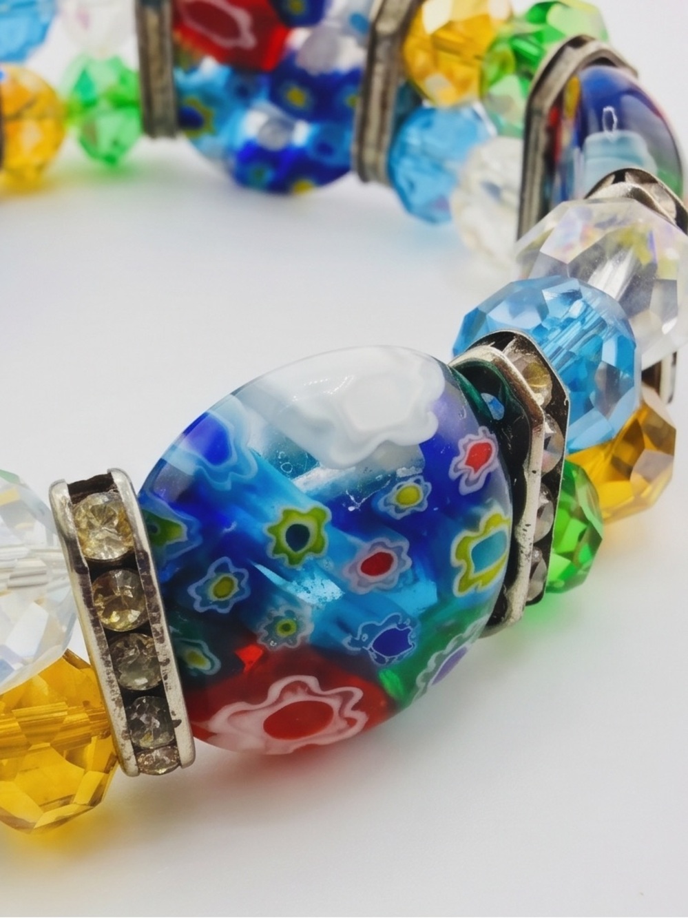 Murano Style Millefiori Glass and Crystal Bead Stretch Bracelet